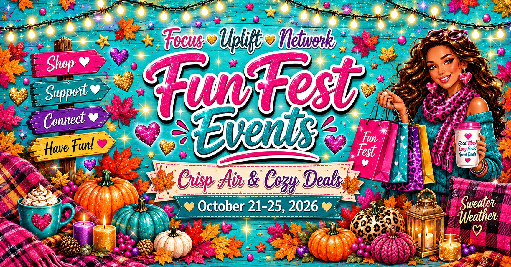 Fun Fest Events: Crisp Air & Cozy Deals, October 21–25, 2026. Focus, Uplift, Network. Bright turquoise, pink, and gold autumn shopping banner.